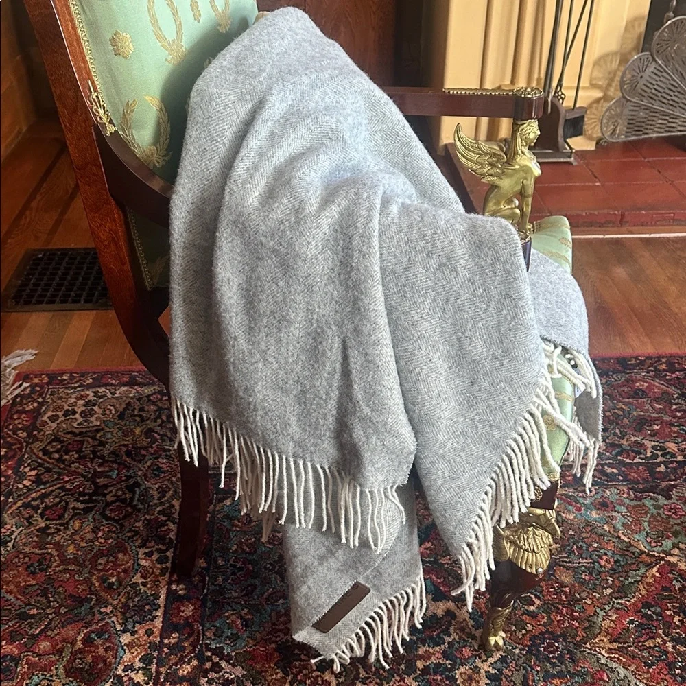 Terry Town Australian Fine Wool Blend Gray Herringbone Throw Blanket with Fringe